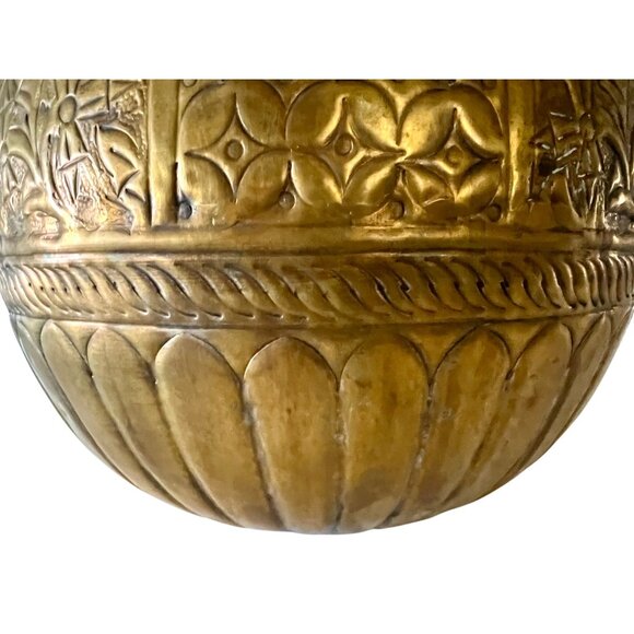 Vintage Large Brass Round Sphere Planter Floral Thistle Geometric Designs 11" - Picture 11 of 11